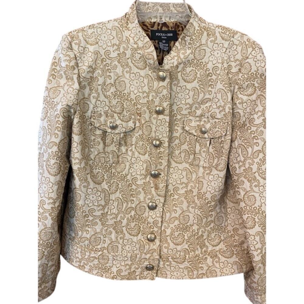 Focus 2000 Mandarin Collar Jacket Womens Ivory Gold Paisley Brocade Tapestry 14P